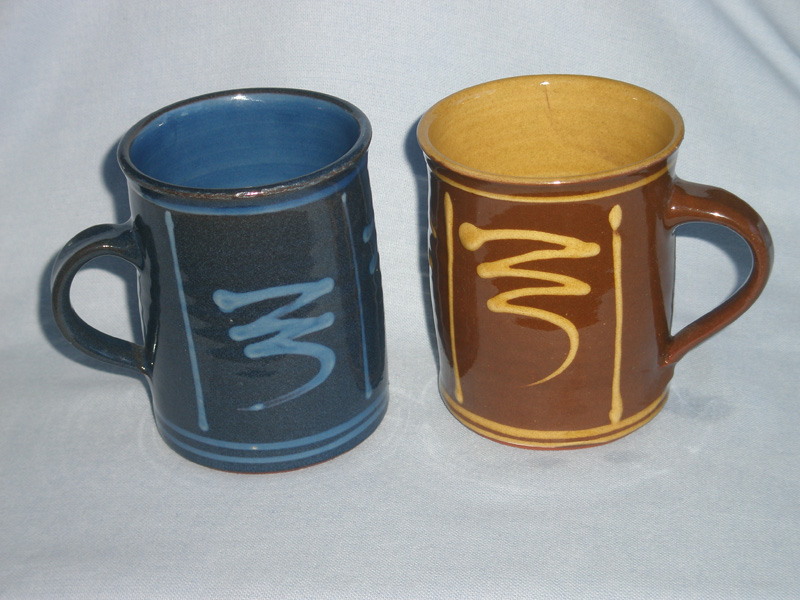 Two Studio Pottery Mugs , Blue / Light Blue & Brown / Mustard Yellow